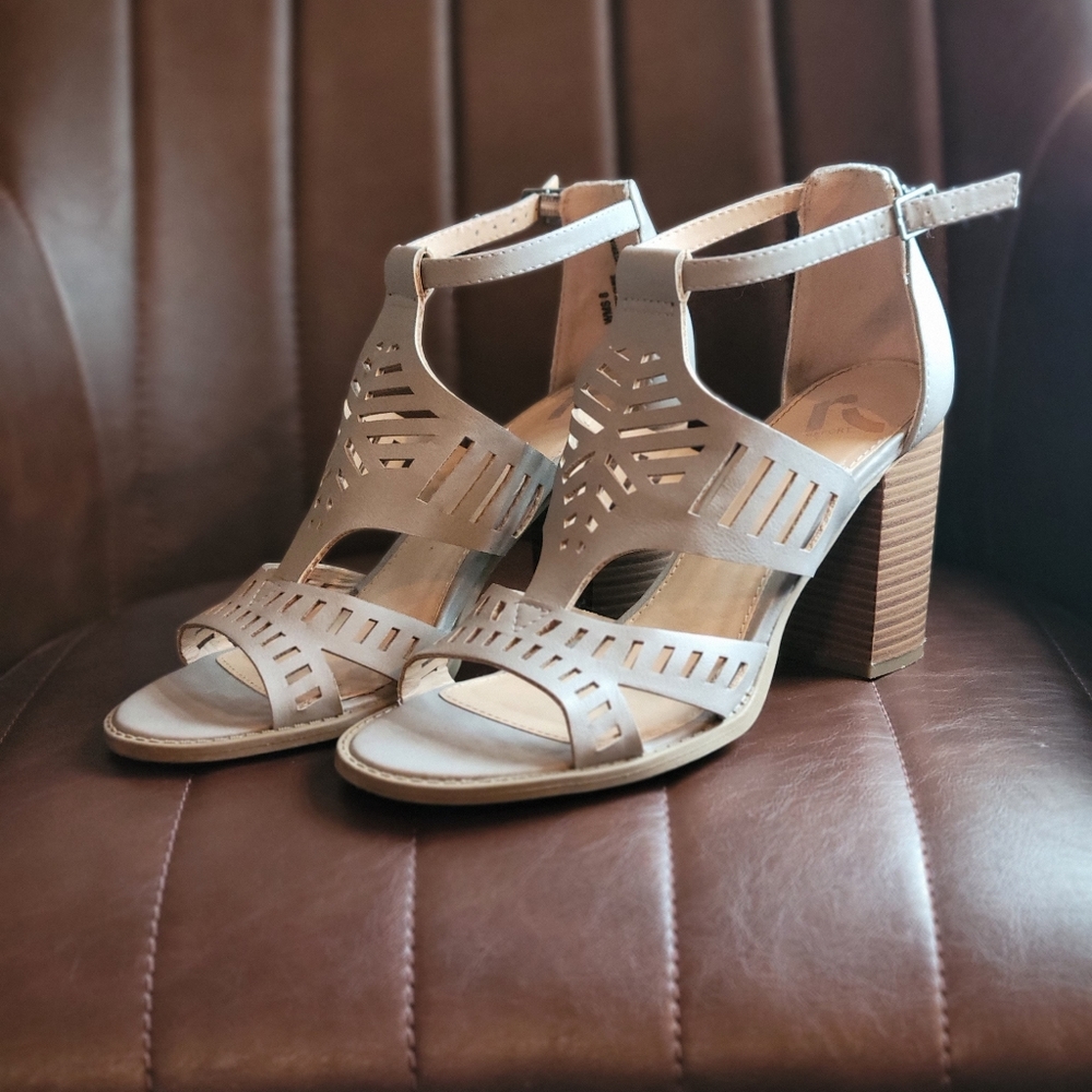 Gray Laser Cut Sandals, Heeled